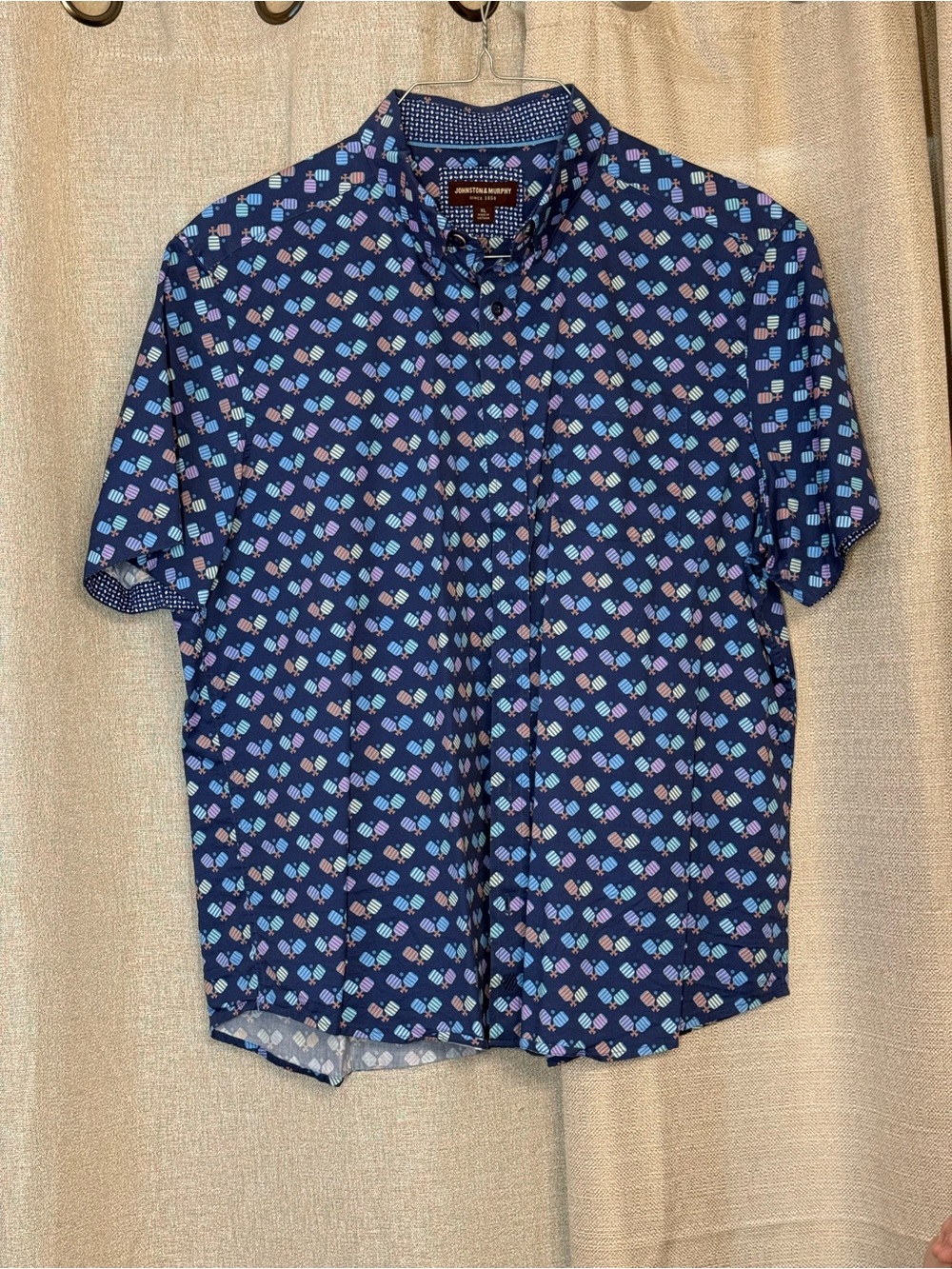 Men's Navy Short-Sleeve Patterned Button-Up Shirt